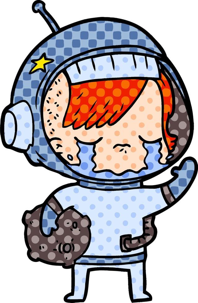 cartoon crying astronaut girl carrying rock sample vector