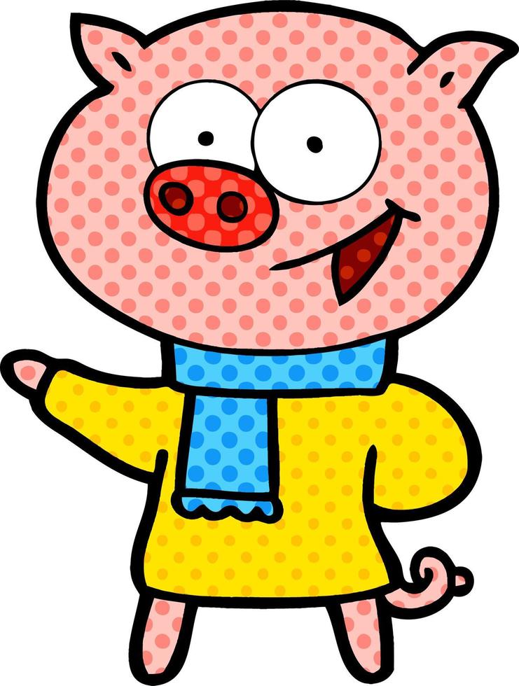 cheerful pig wearing winter clothes cartoon vector