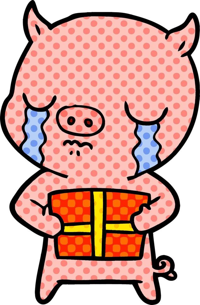 cerdo de dibujos animados llorando por un regalo de navidad vector