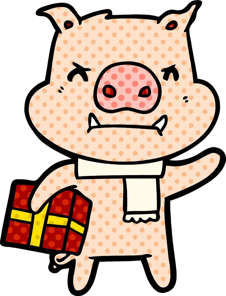 cerdo de dibujos animados enojado con regalo de navidad vector