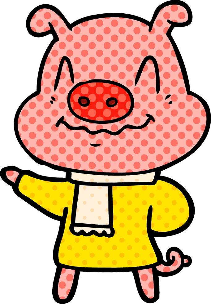 nervous cartoon pig wearing scarf vector