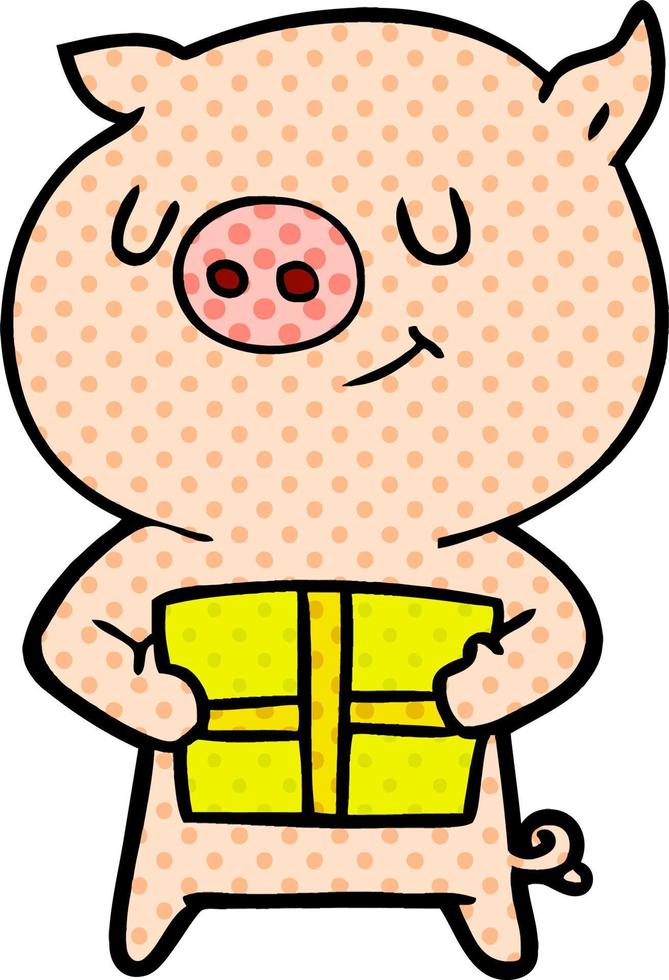 happy cartoon pig with christmas present vector