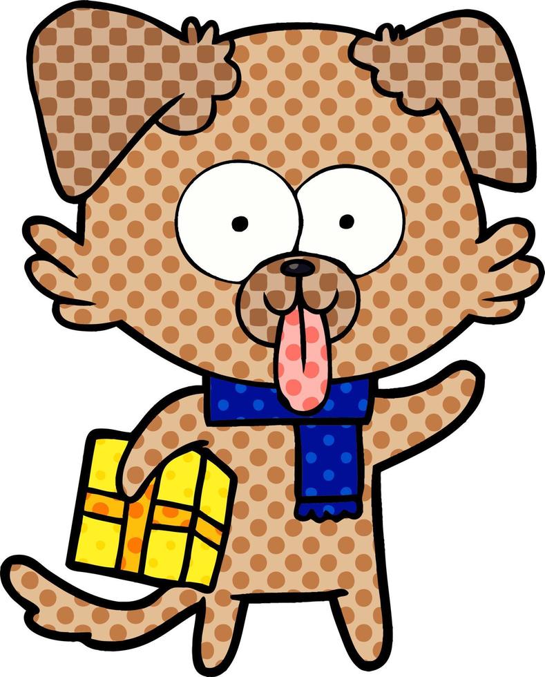 cartoon dog with christmas present vector