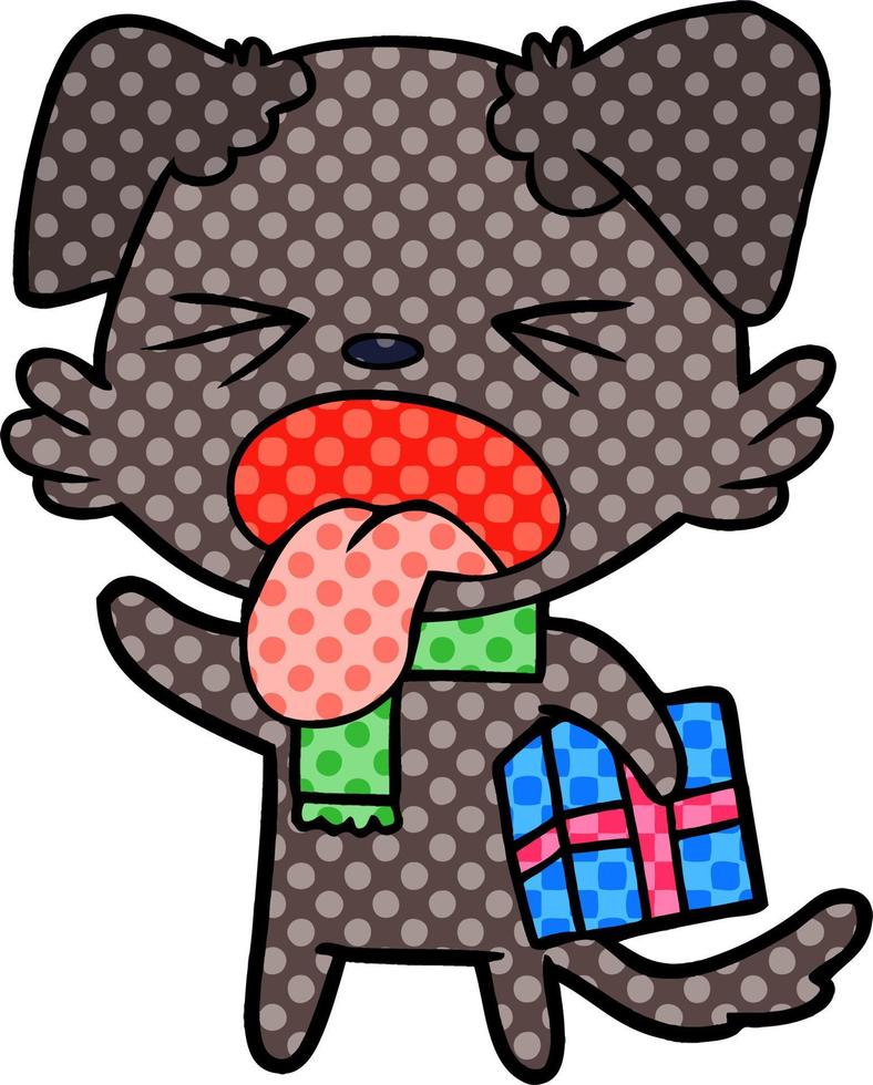 cartoon disgusted dog with christmas gift vector