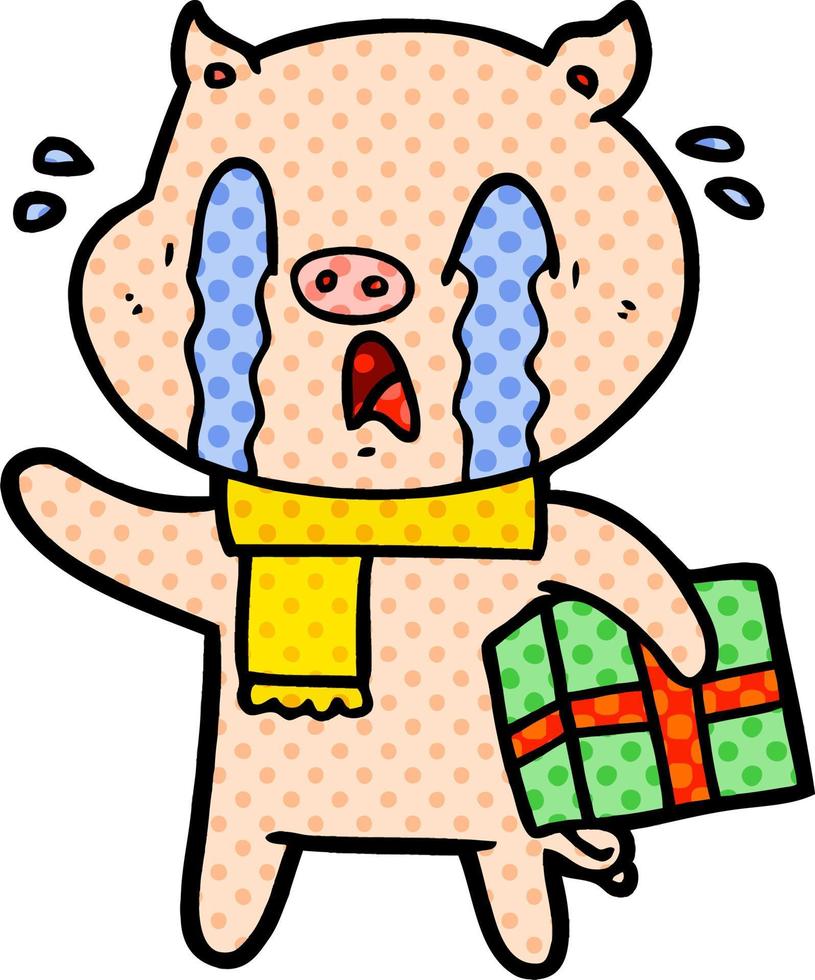 dibujos animados de cerdo llorando entregando regalo de navidad vector