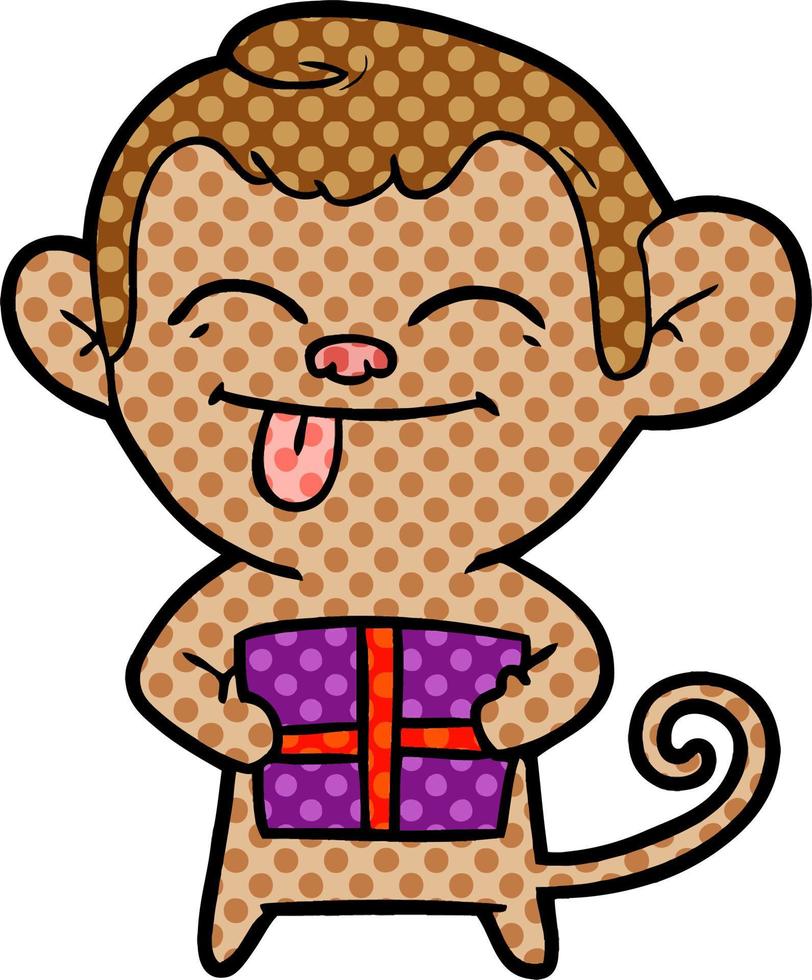 funny cartoon monkey with christmas present vector