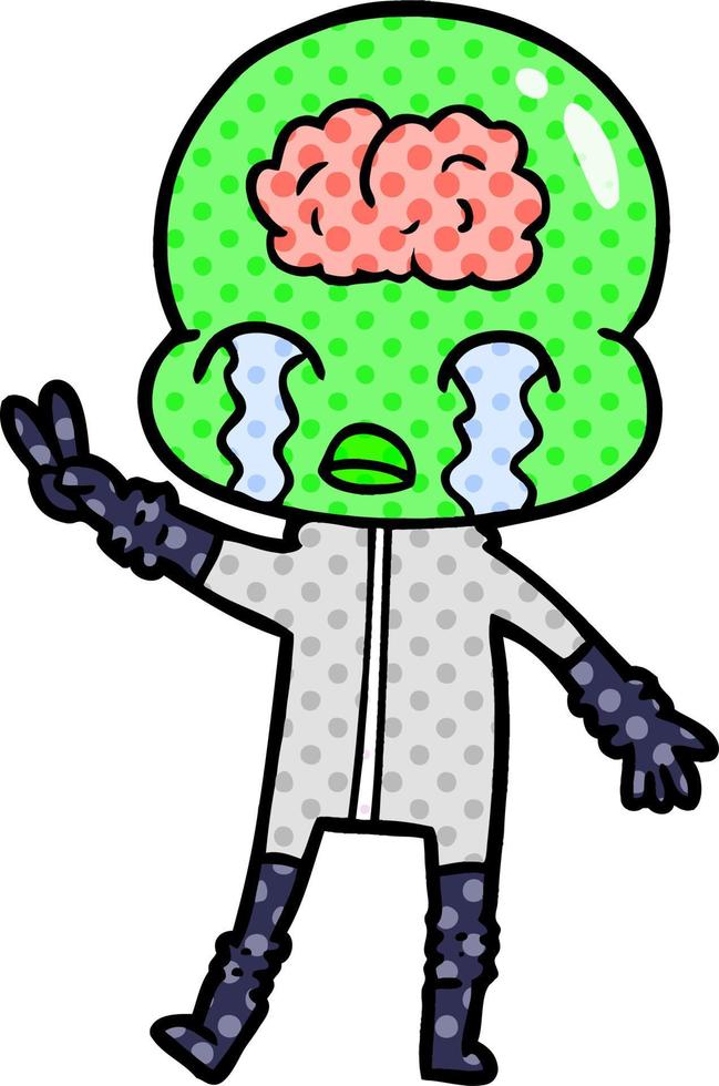 cartoon big brain alien crying and giving peace sign vector