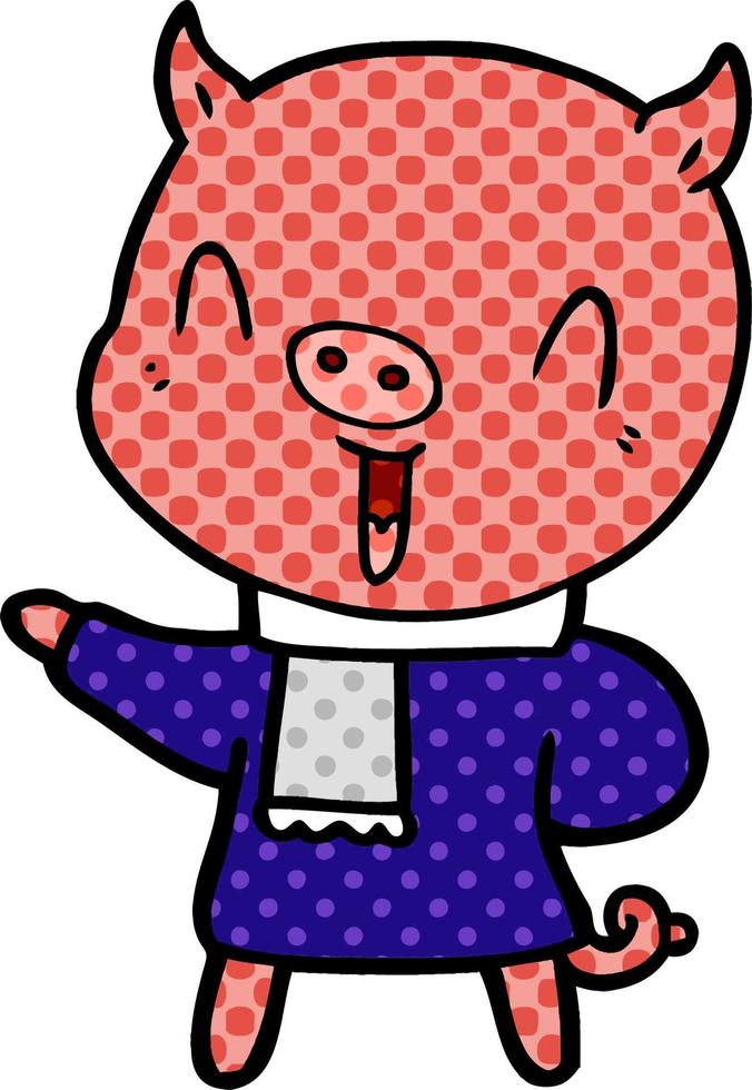 happy cartoon pig in winter clothes vector
