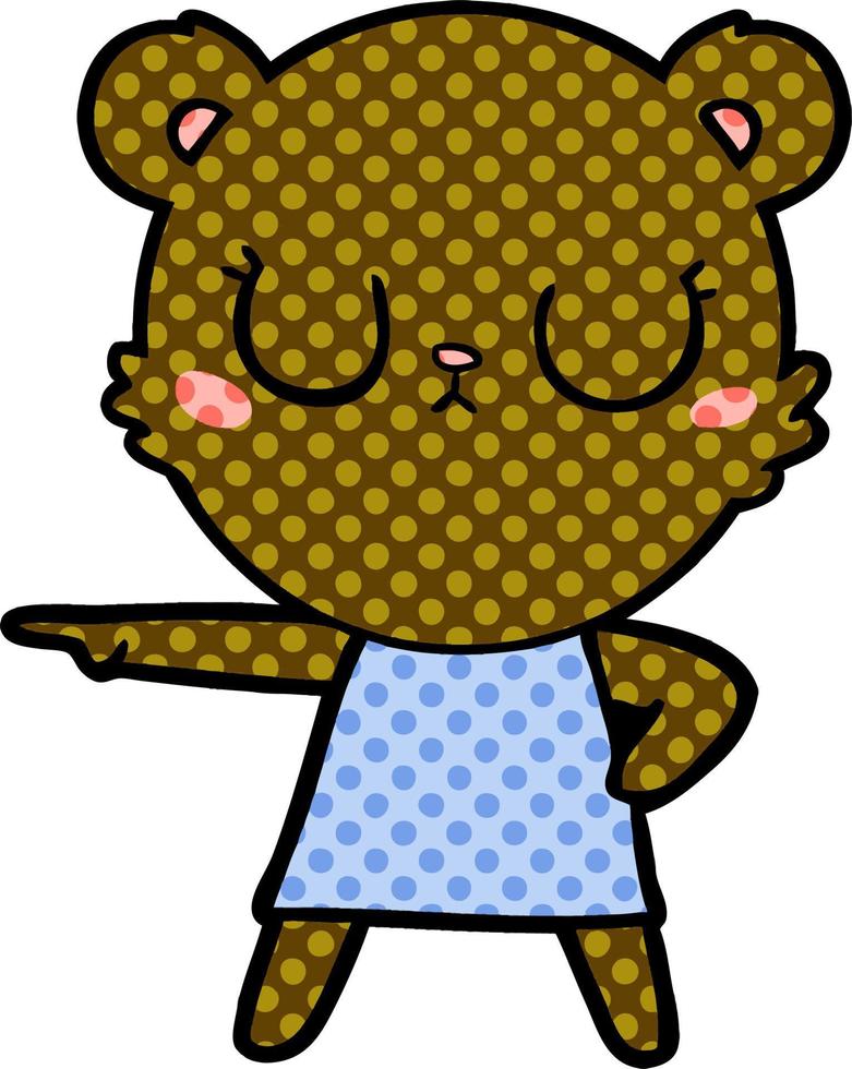peaceful cartoon bear in dress pointing vector