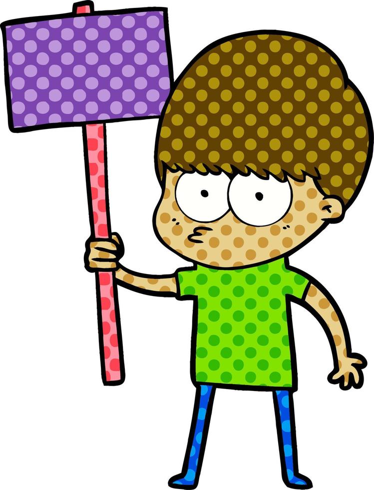 nervous cartoon boy holding placard vector