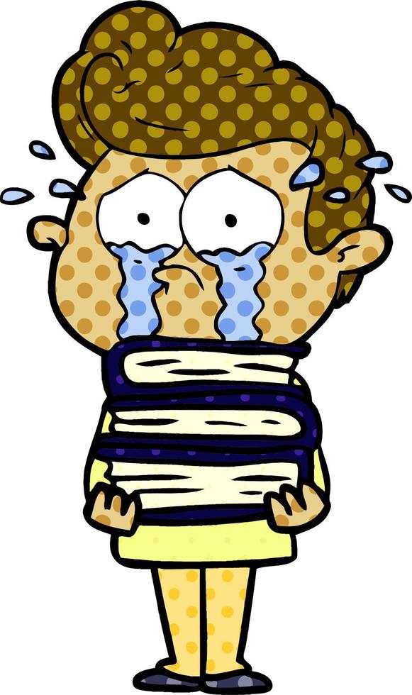 cartoon crying student with stack of books vector