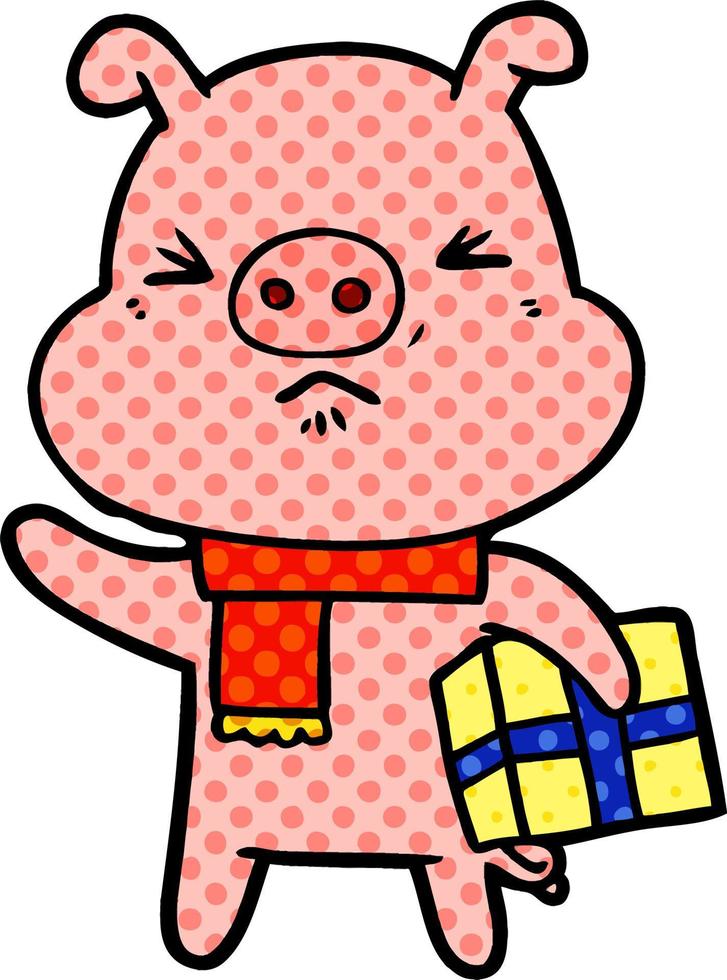 cerdo enojado de dibujos animados con regalo de navidad vector