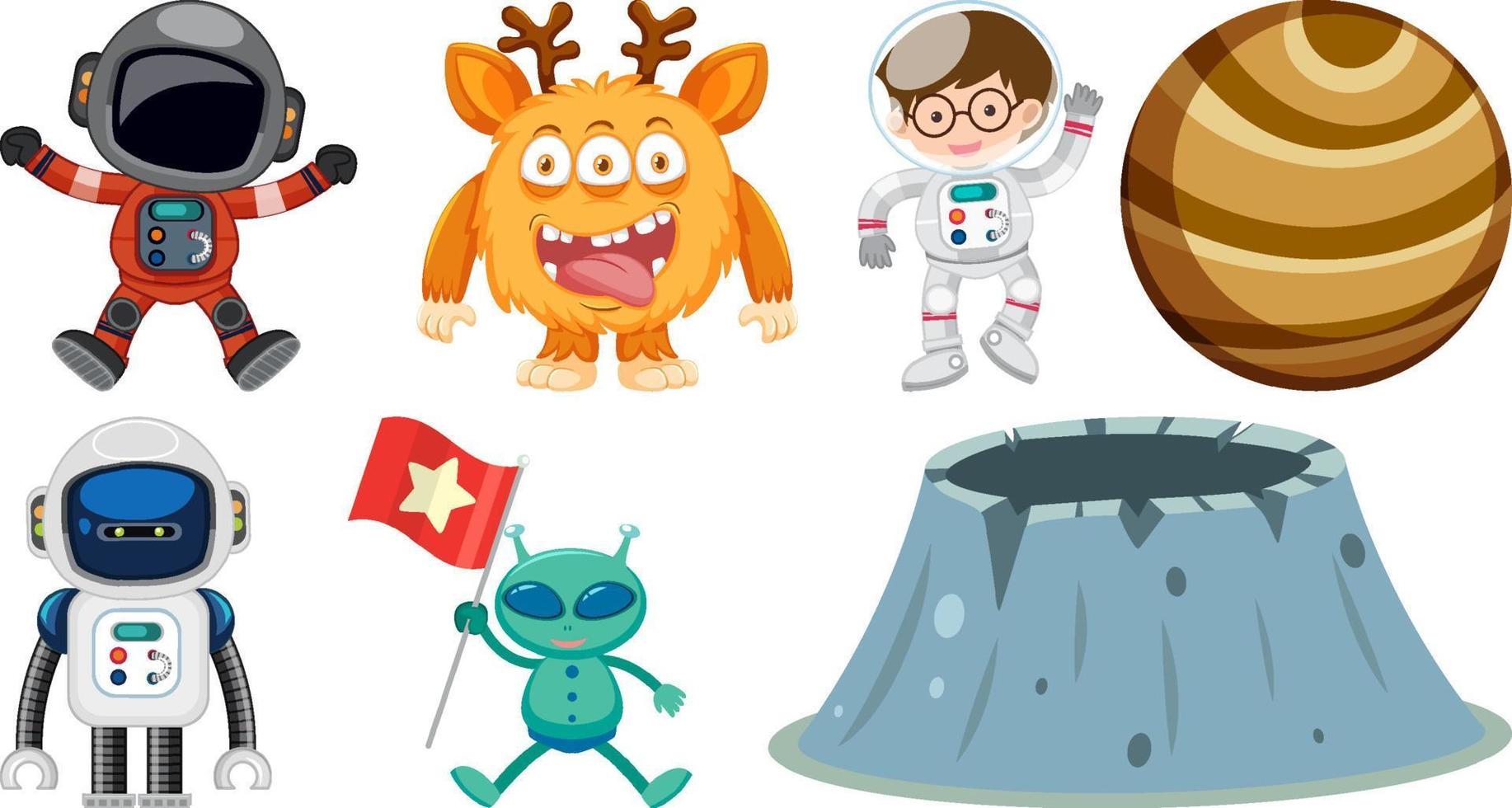 Set of space cartoon characters and objects vector