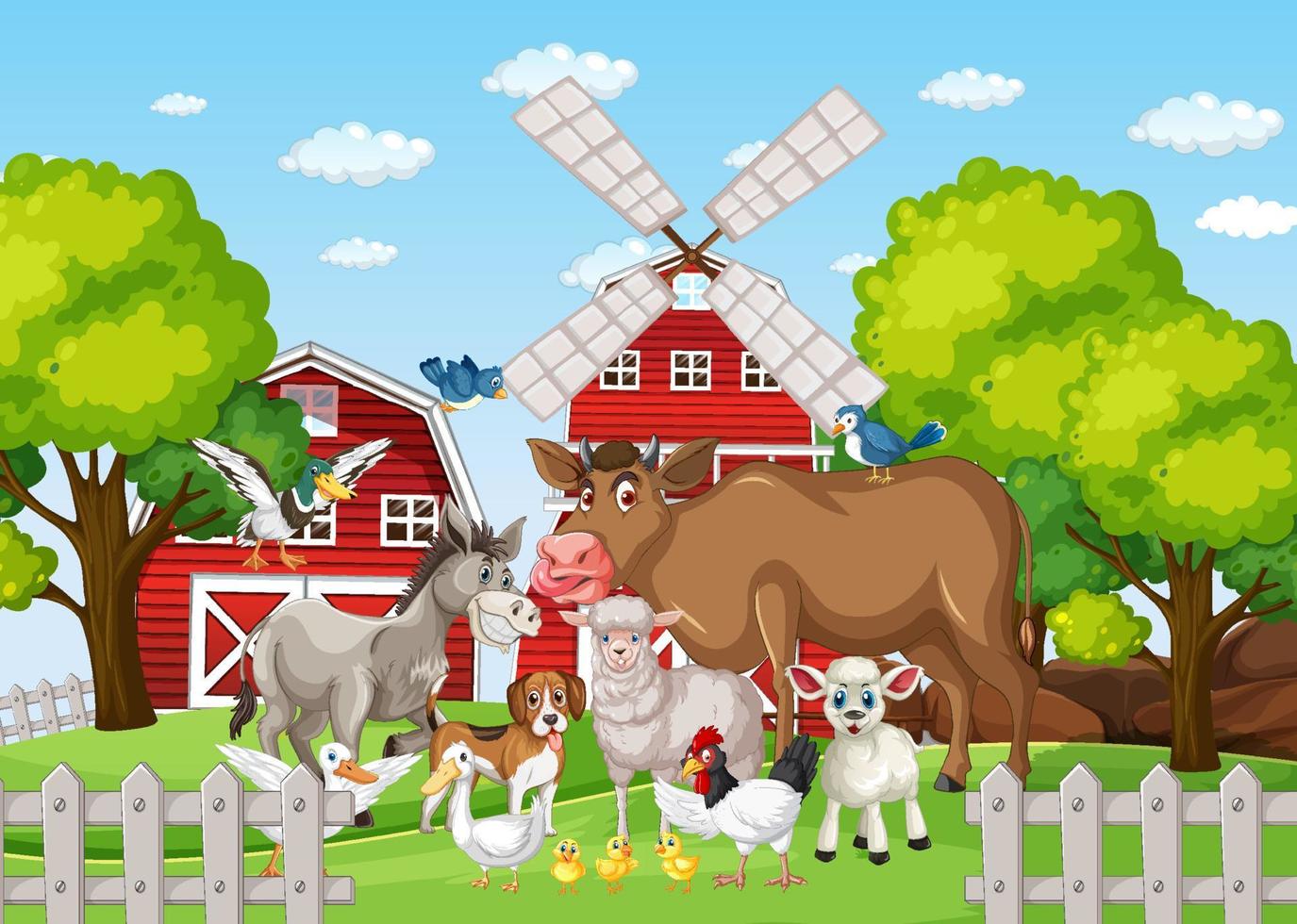 Farm scene with many animals vector