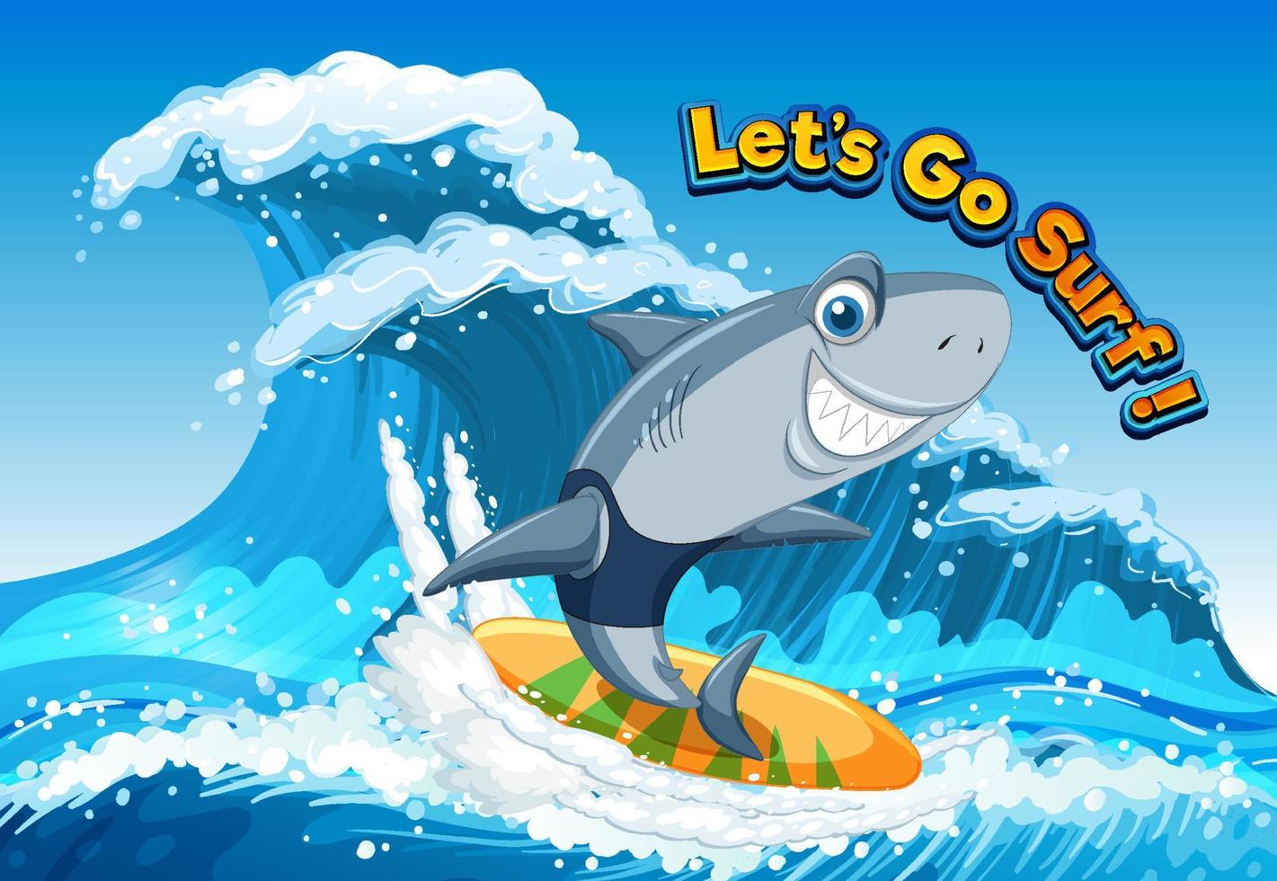 Cute shark cartoon character surfing in ocean vector