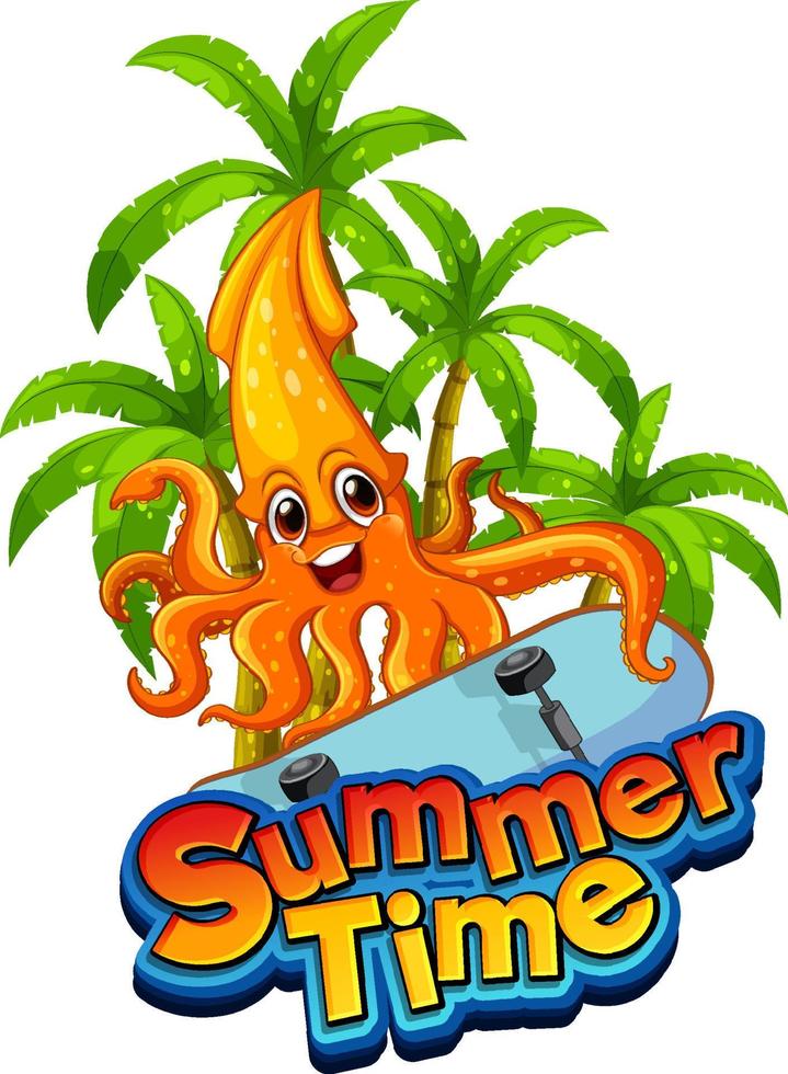 Summer time word with squid cartoon vector