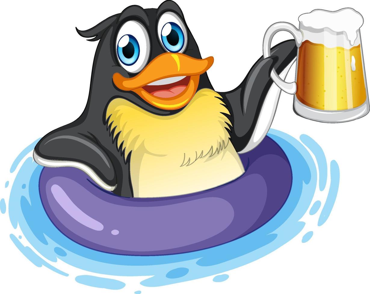 Cute penguin cartoon character drinking beer vector