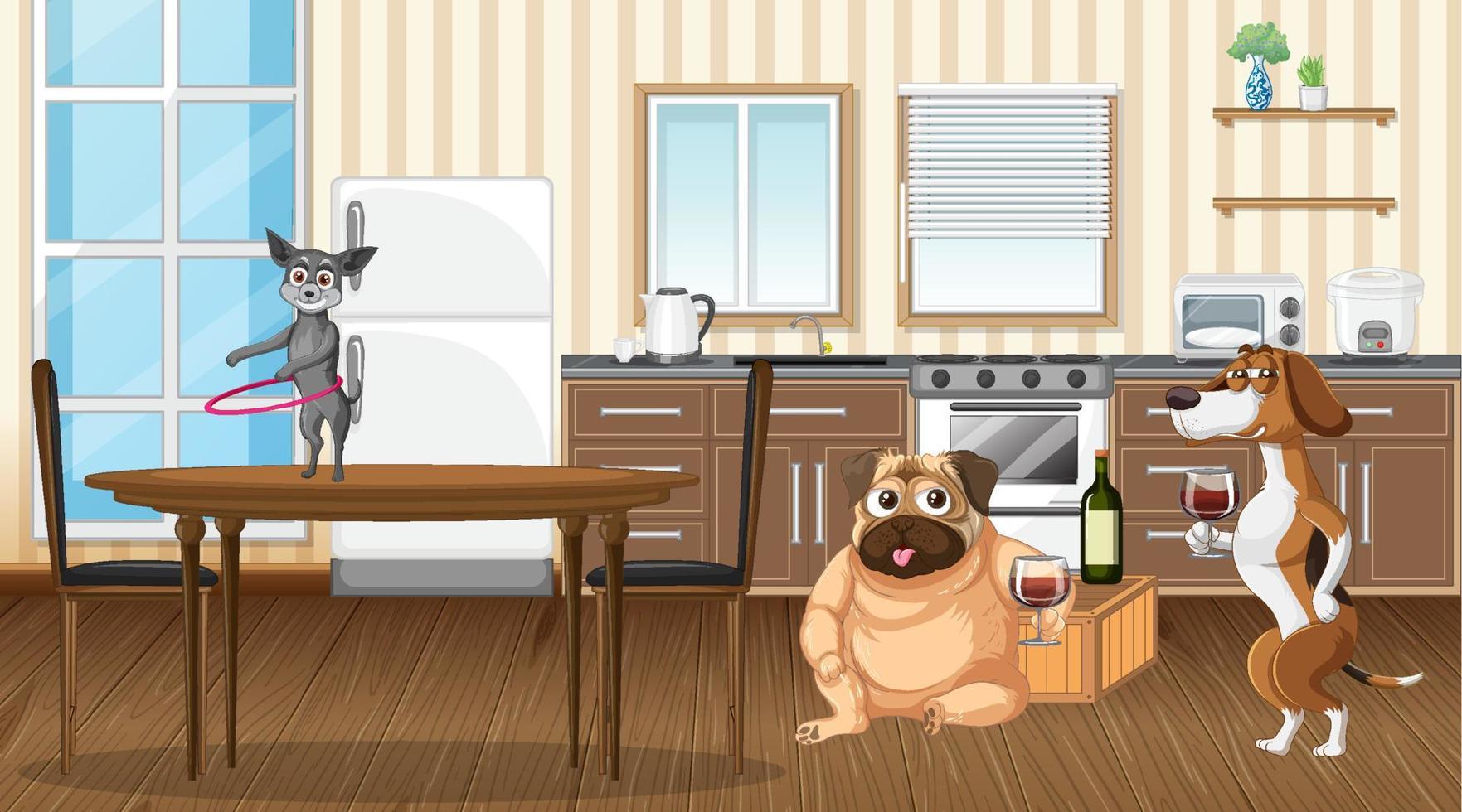 In house scene with dogs drinking wine vector