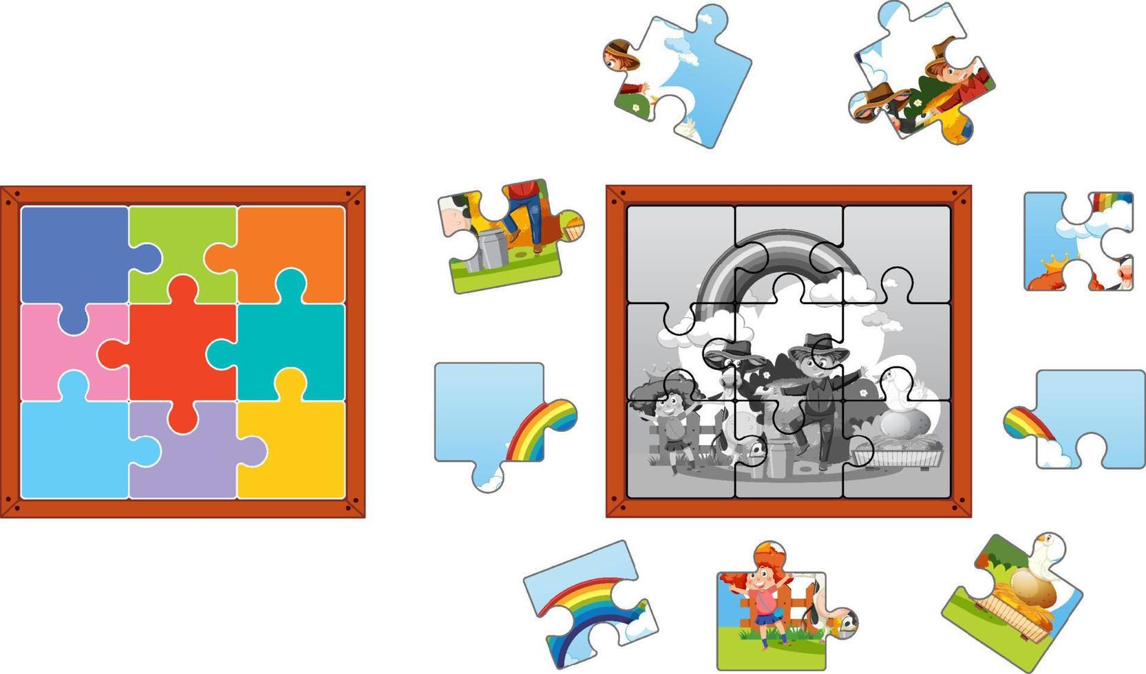 Farm characters photo puzzle game template vector