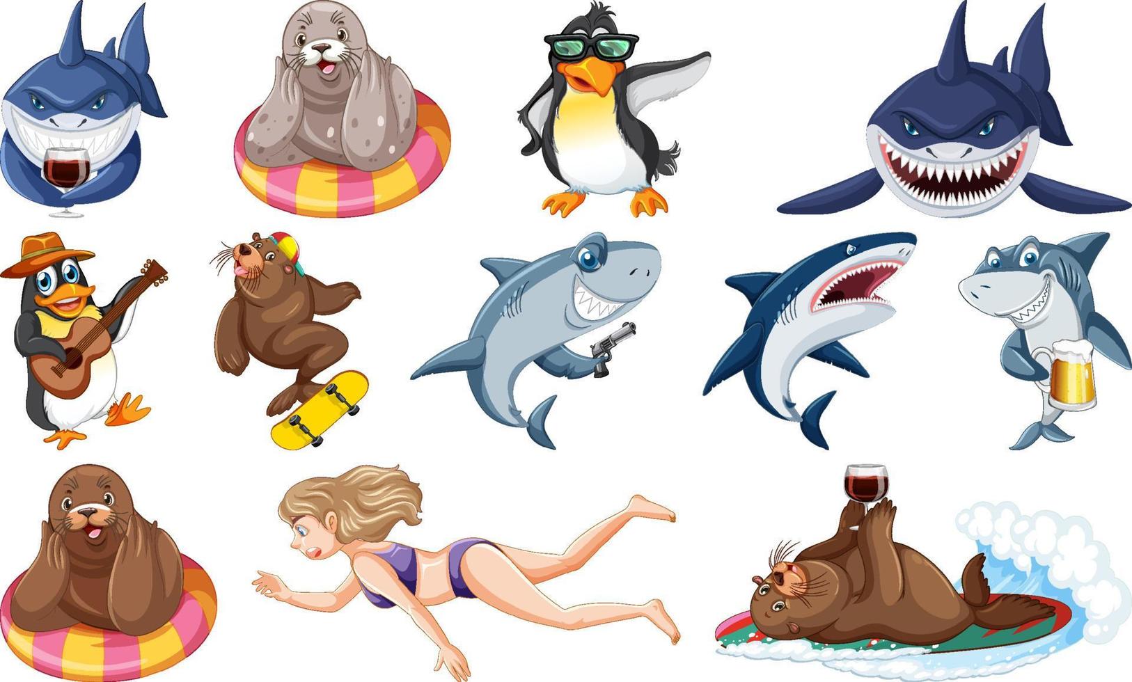 conjunto de varios personajes de dibujos animados de animales marinos vector