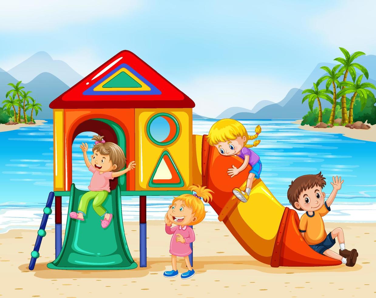 parque infantil en la playa con niños felices vector