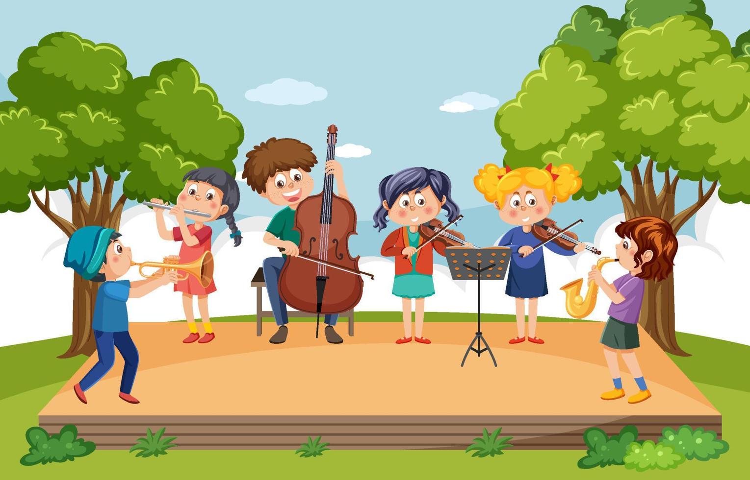 banda de música para niños tocando en el parque vector
