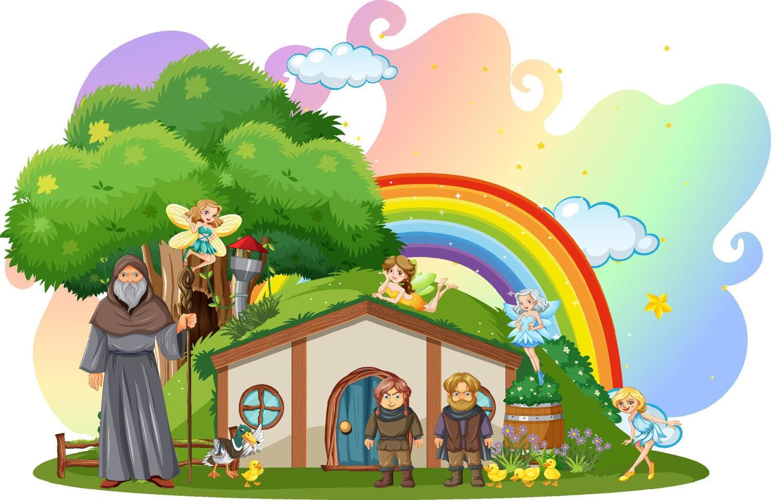 Wizard hobbit and fairies at magic house isolated vector