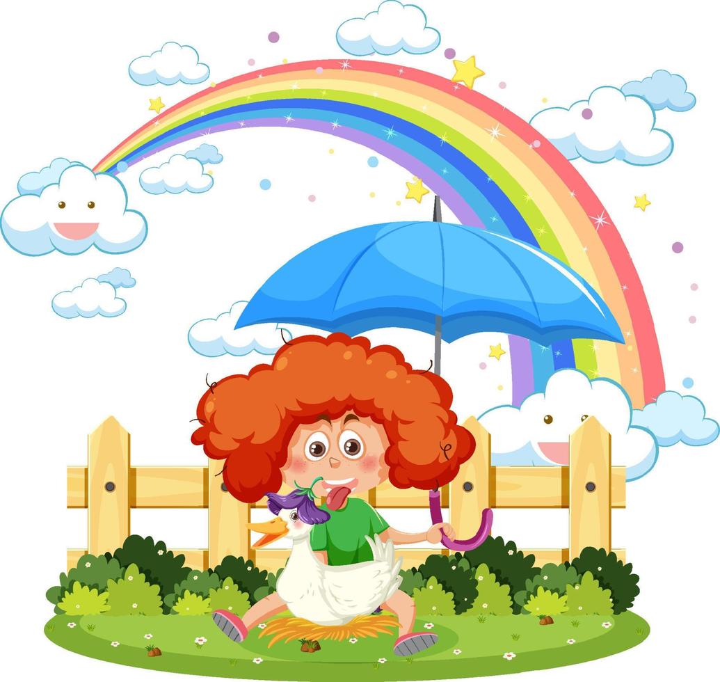 una niña con su pato en el arco iris en el cielo vector