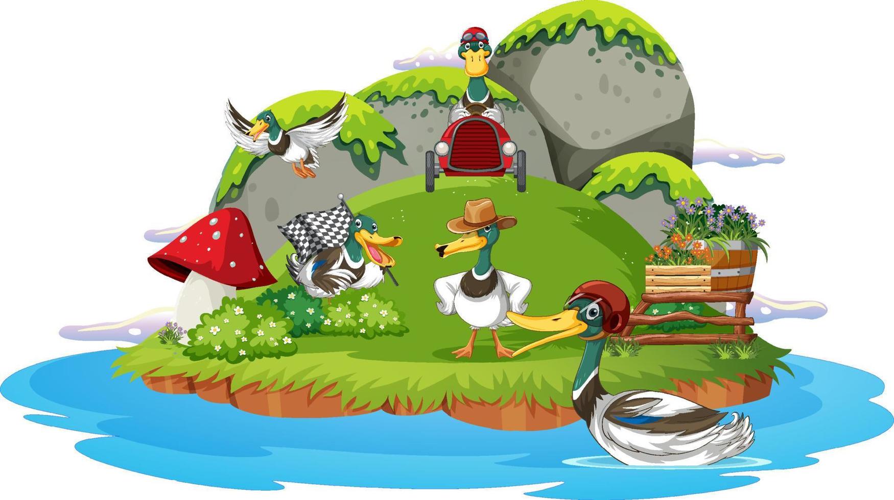 Happy duck group in nature scene vector