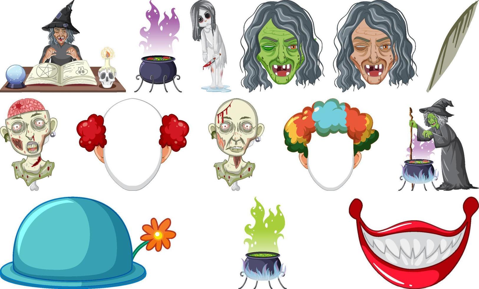 Set of horror halloween objects and cartoon characters vector