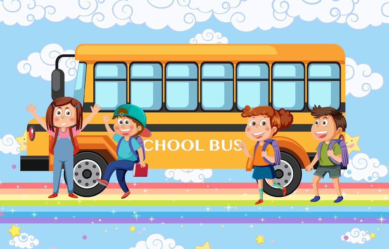 autobús escolar niños con arcoiris vector