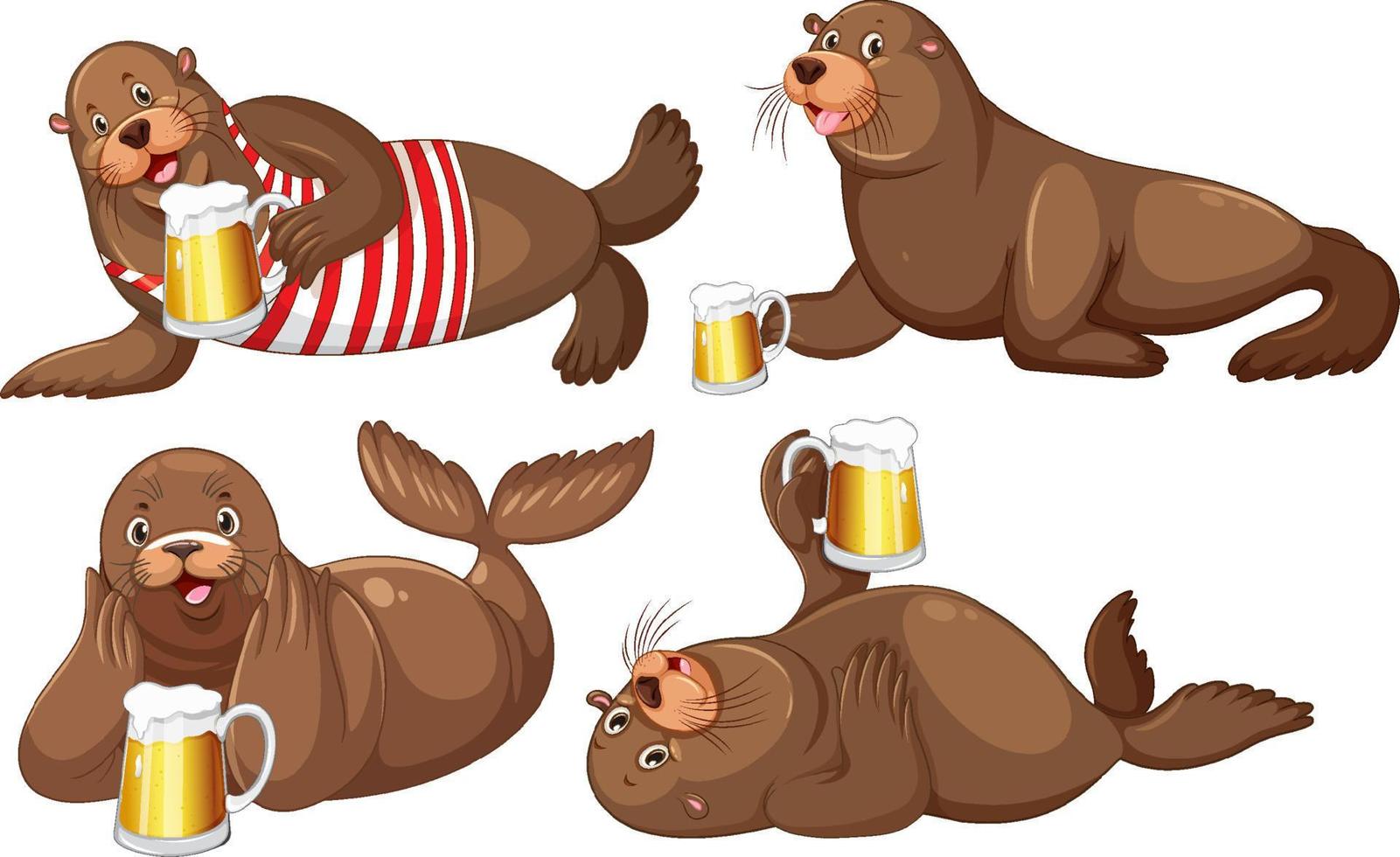 Set of different sea lions cartoon characters vector