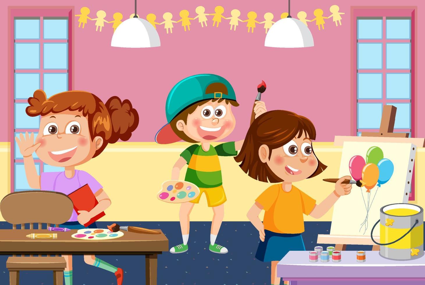 Art classroom with happy students vector