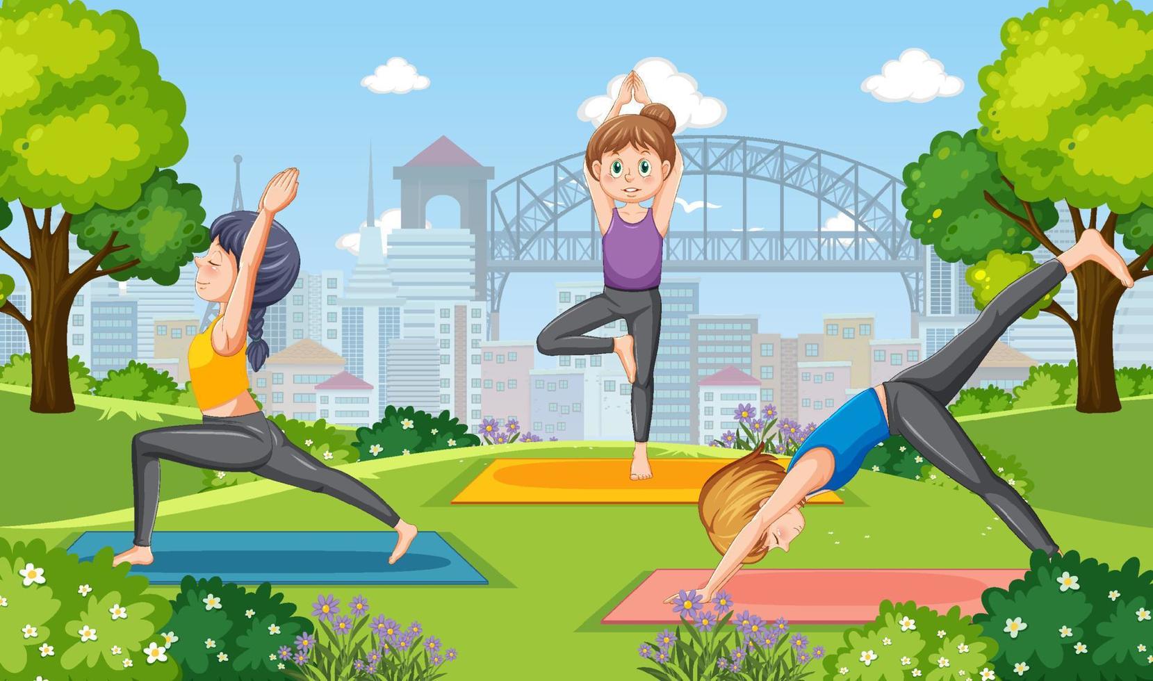 People doing yoga at park vector