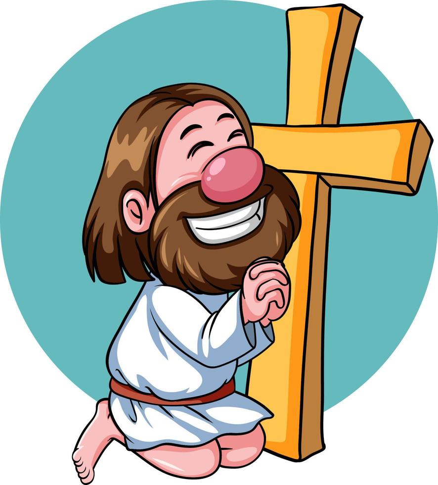 Jesus Christ catoon character with cross on white background vector