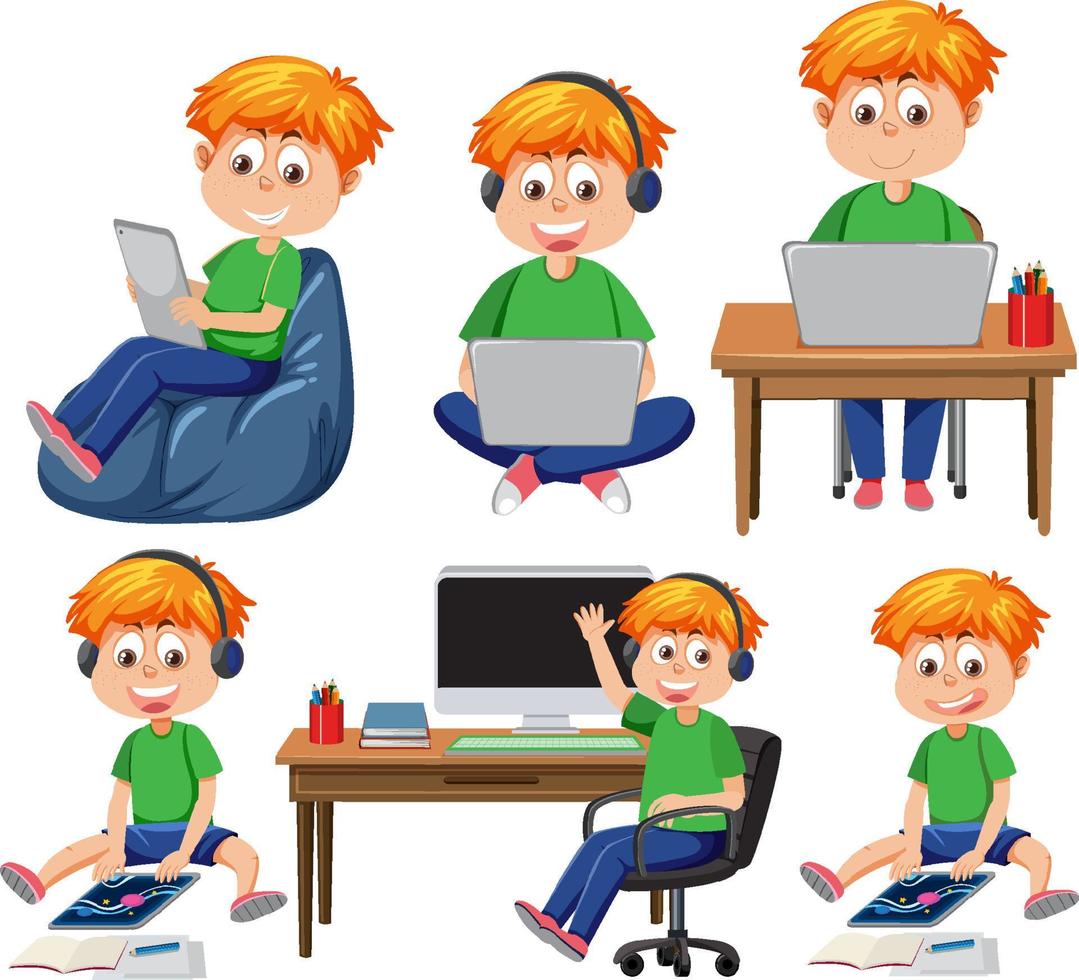 Set of kids using tablet and laptop vector