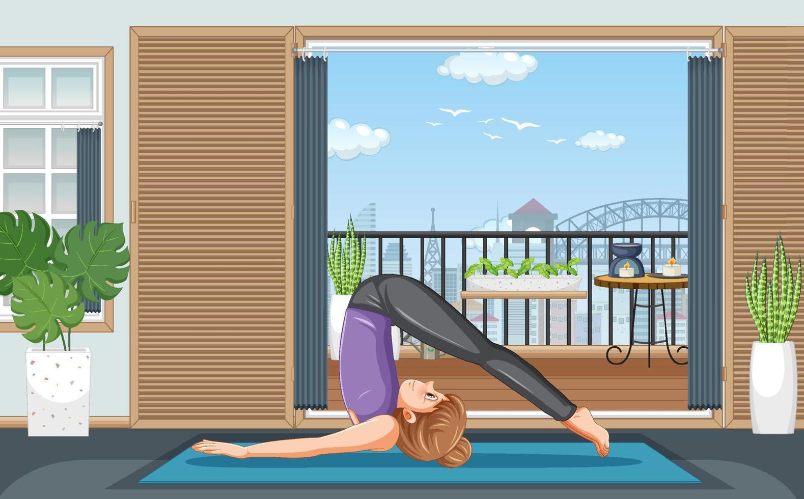 mujer practicando ejercicio de yoga y meditación vector