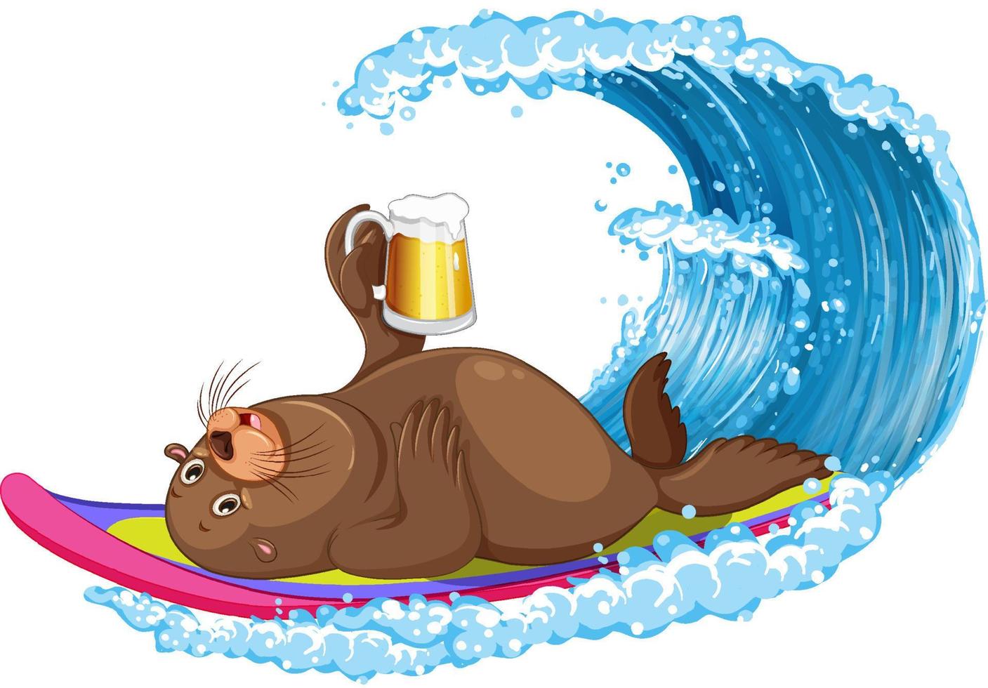 Sea lion on surfboard with water wave vector