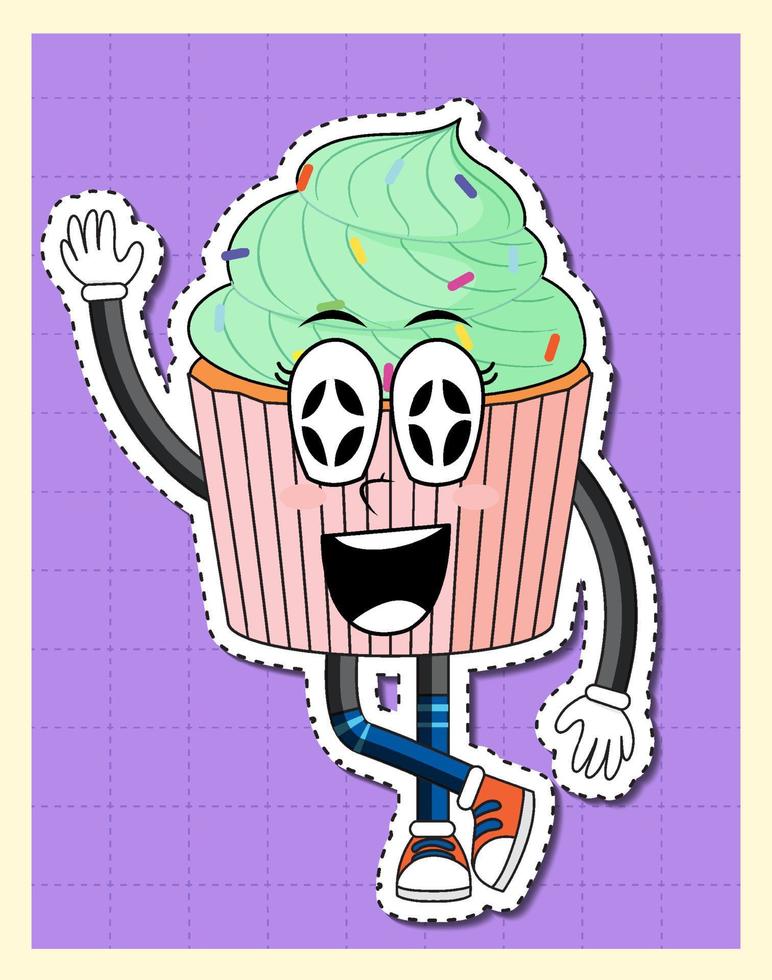 Cute cupcake cartoon character on grid background vector