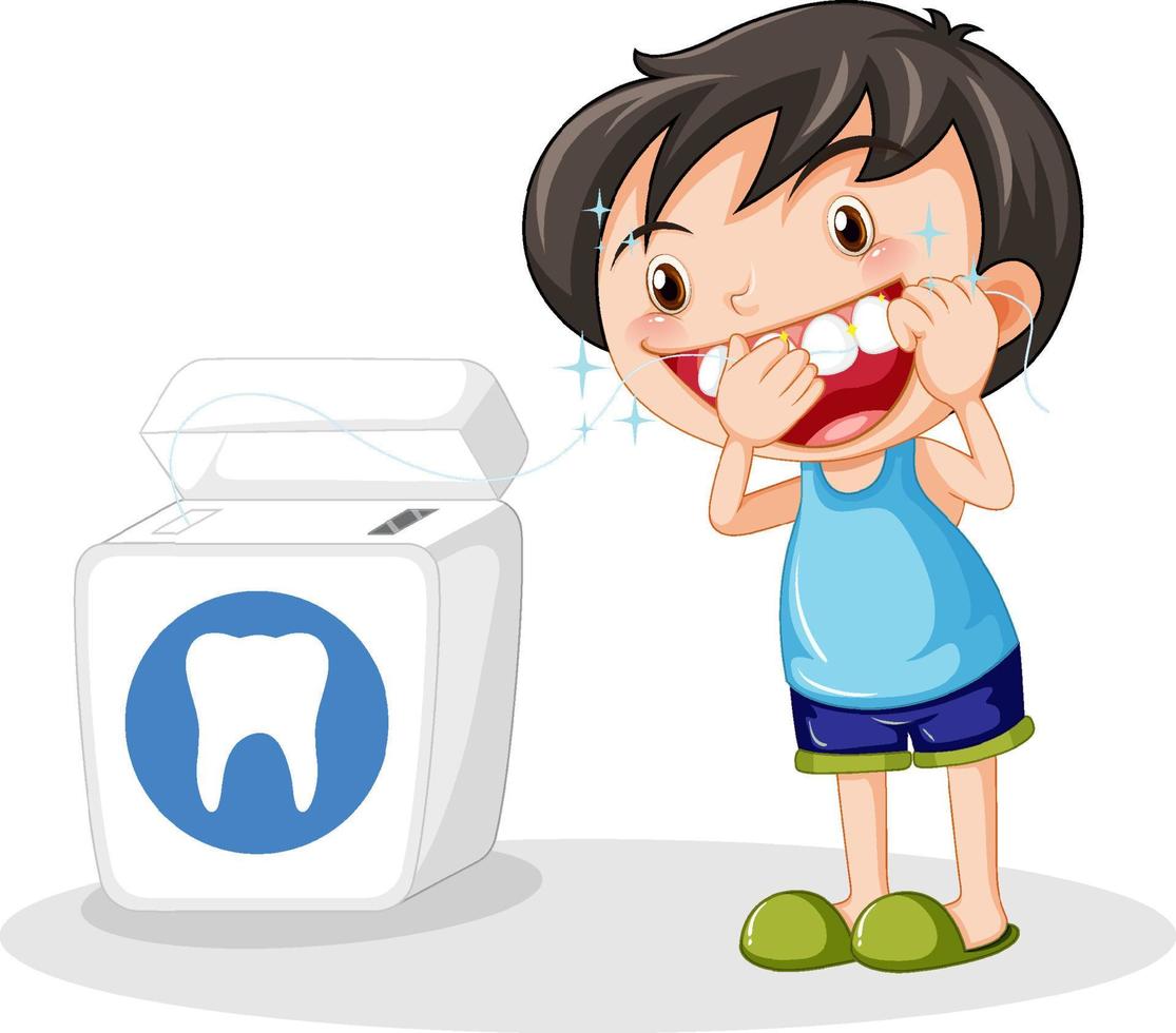 lindo niño personaje de dibujos animados usar hilo dental vector