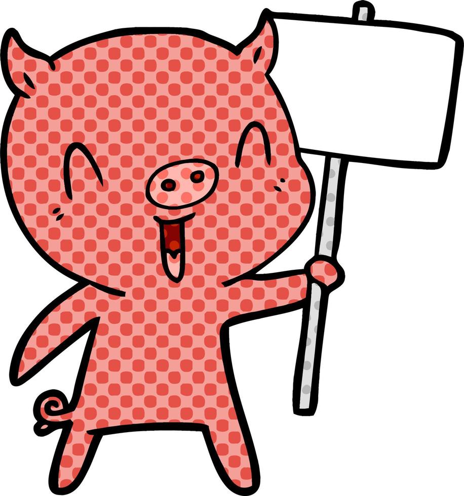 happy cartoon pig with sign post vector
