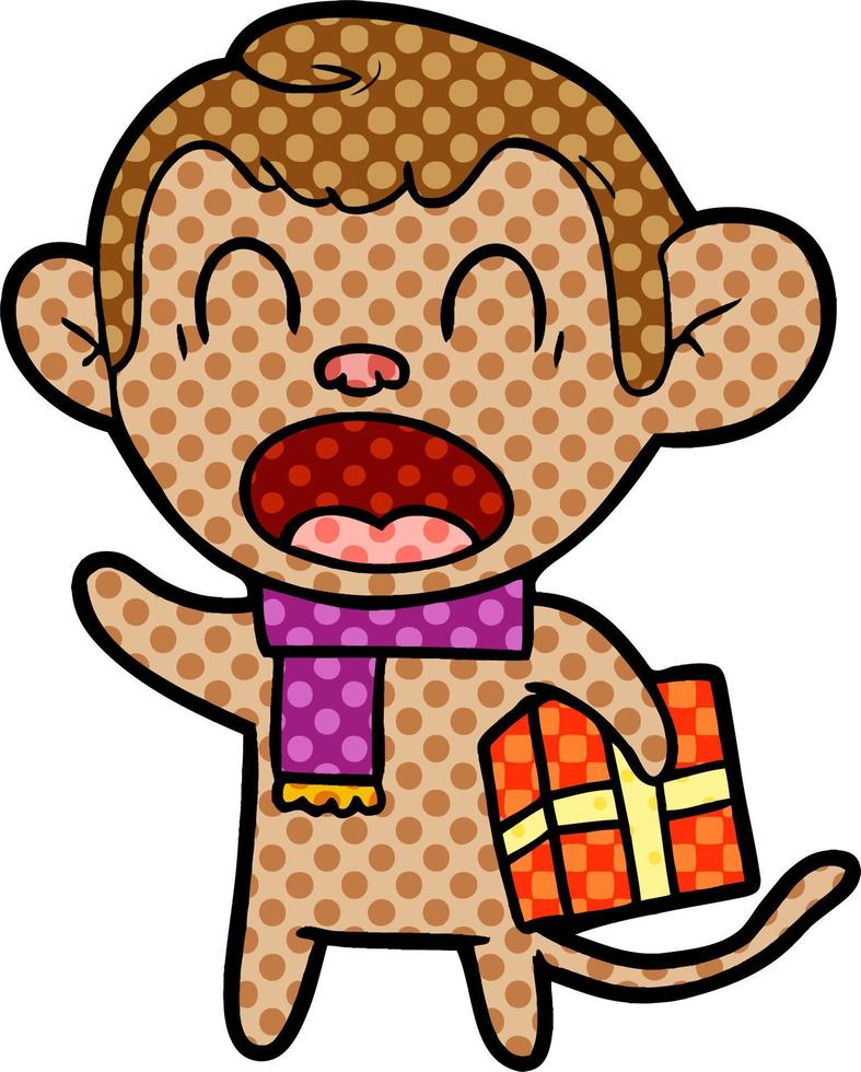 shouting cartoon monkey carrying christmas gift vector