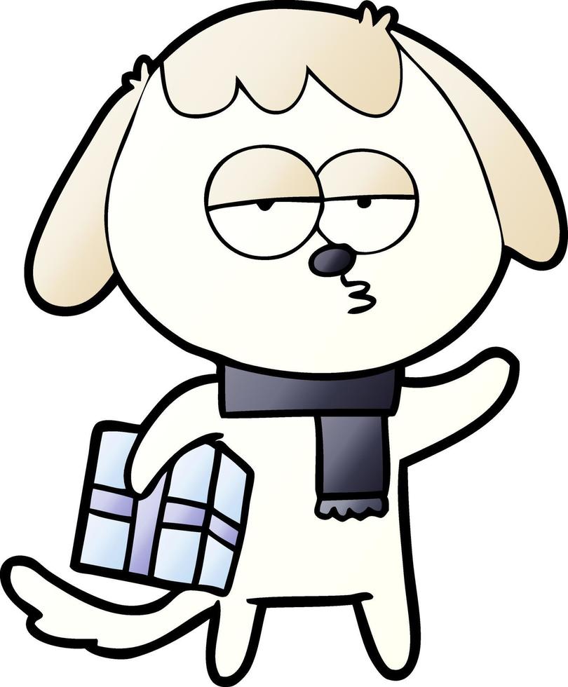 cartoon bored dog with christmas present vector