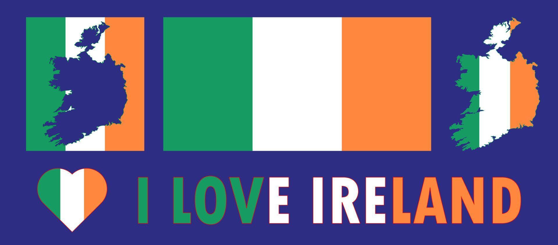 Set of vector illustrations with Ireland flag, country outline map and heart. Travel concept.