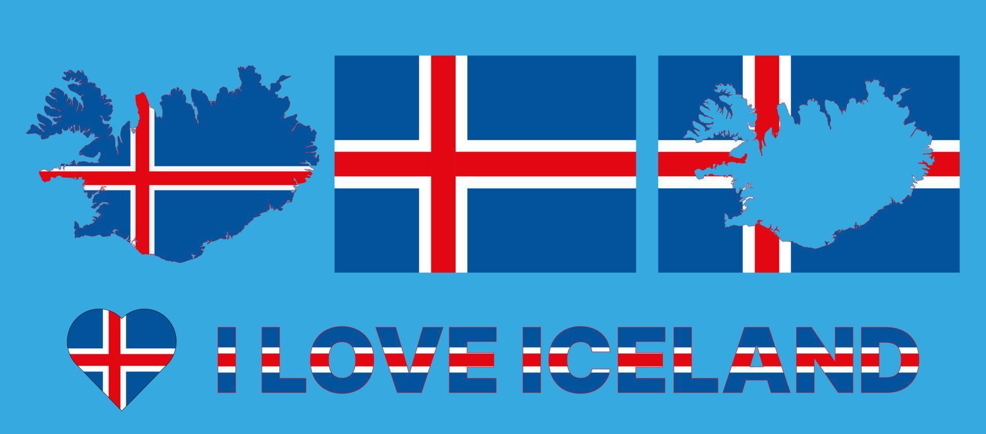 Set of vector illustrations with Iceland flag, country outline map and heart. Travel concept.