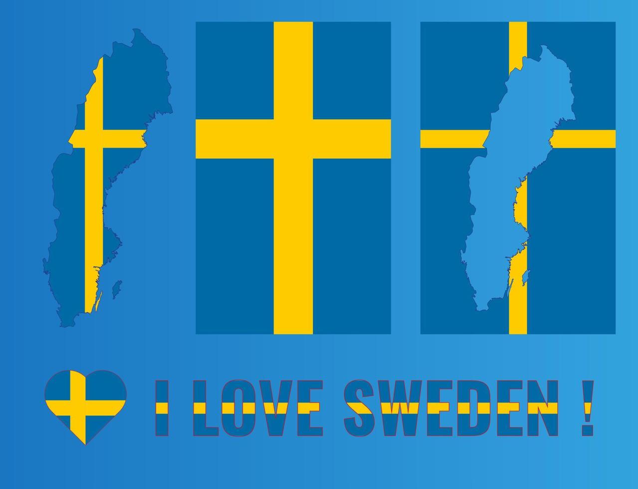 Set of vector illustrations with Sweden flag, country outline map and heart. Travel concept.