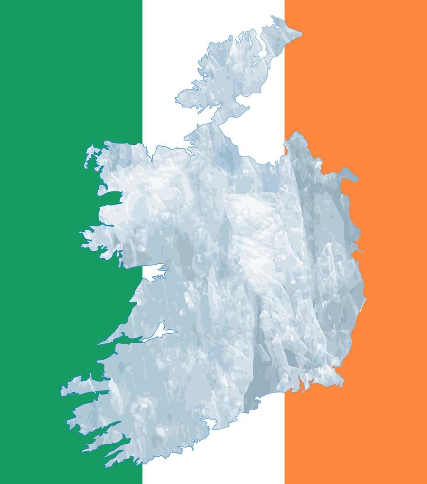 Outline map of Ireland with the image of the national flag. Ice inside the map. Collage. Energy crisis. vector