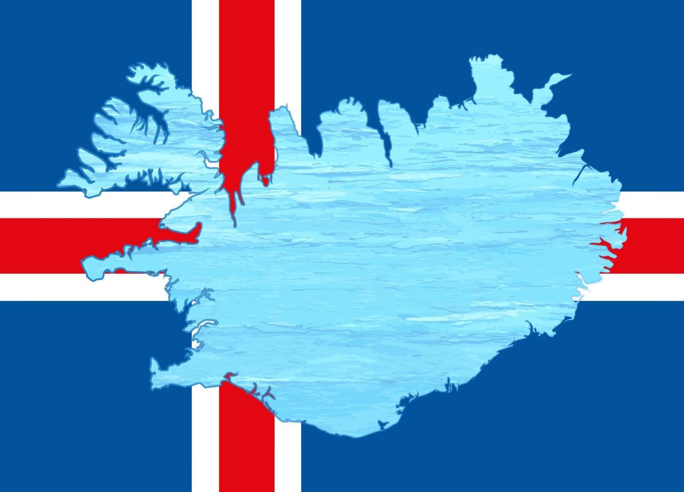 Outline map of Iceland with the image of the national flag. Ice inside the map. Collage. Energy crisis. vector
