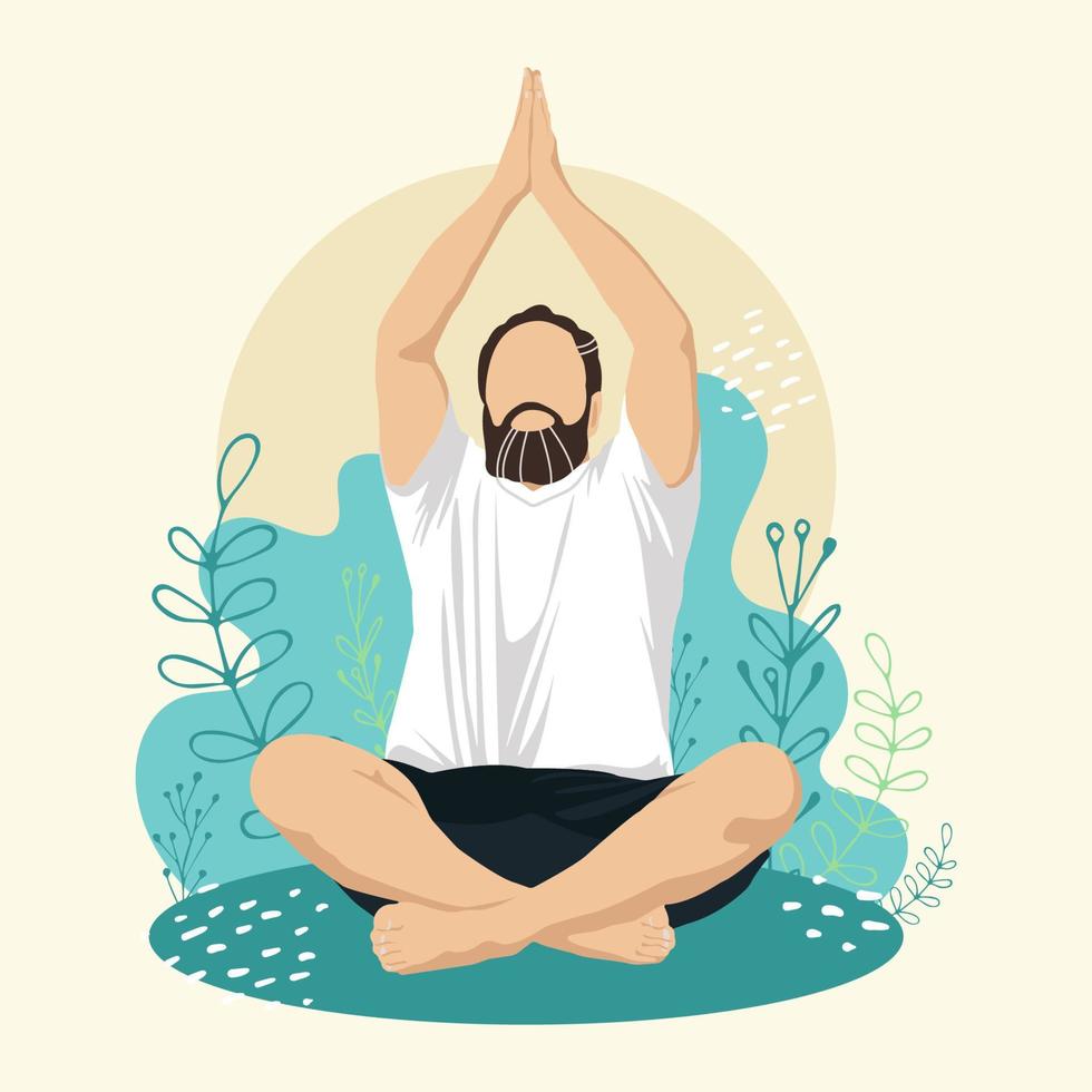 Man Meditating sitting in lotus pose among the leaves. Character in Faceless style. Concept illustration for Yoga, Meditation, relax, healthy lifestyle and sports activities. Vector illustration.