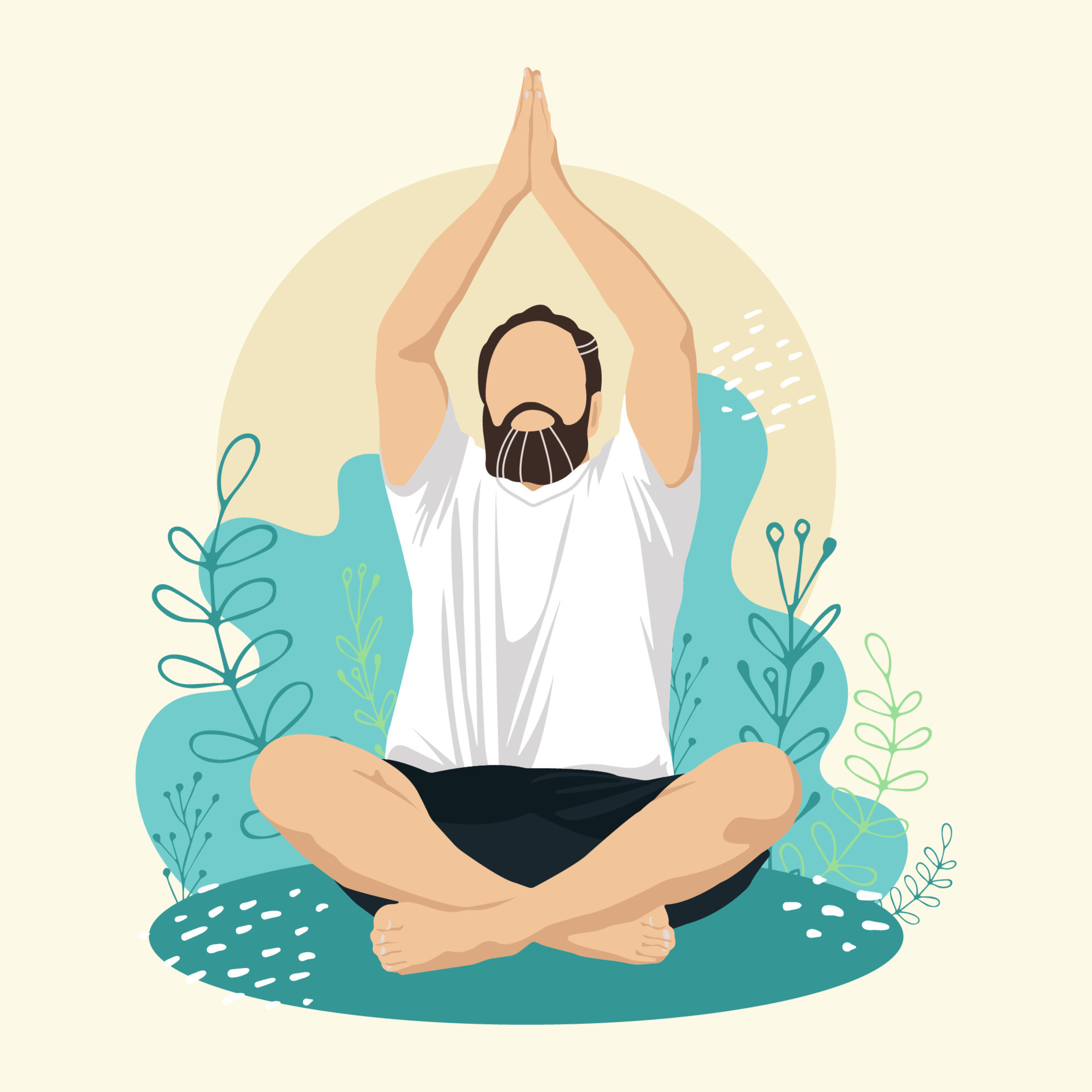 Man Meditating sitting in lotus pose among the leaves. Character in ...